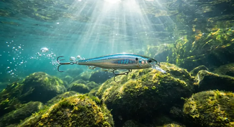 Leurre aux coloris naturels dans l'eau cristalline, révélant avec quoi pecher en ardeche les carnassiers.