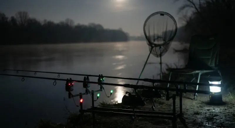 Cannes robustes et détecteurs lumineux de nuit sur le Rhône, l'équipement idéal avec quoi pecher en ardeche le silure.