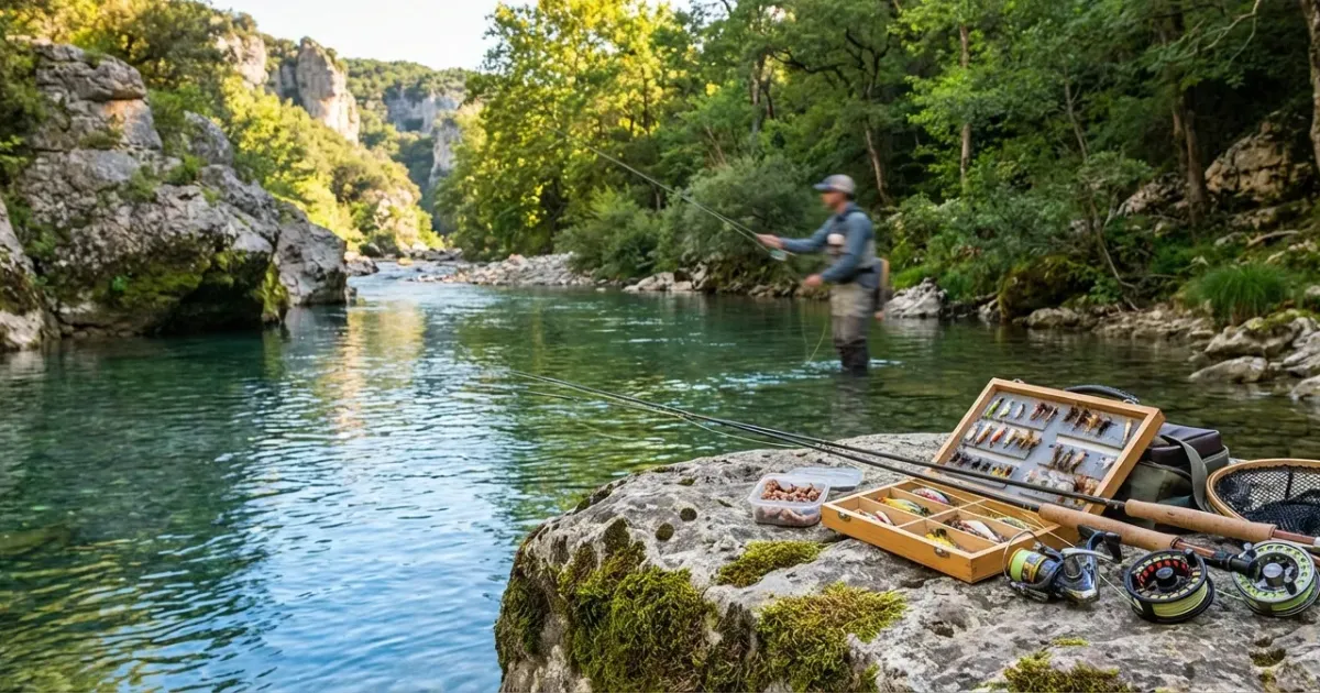 Canne à pêche, moulinet et boîte d'appâts sur un rocher au bord de la rivière : avec quoi pecher en ardeche.