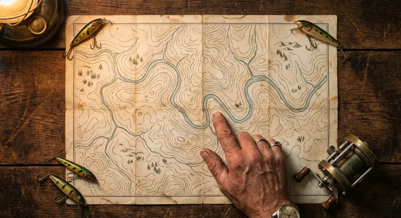 Carte riviere topographique détaillée avec courbes de niveau indiquant les fosses et zones de tenue du poisson