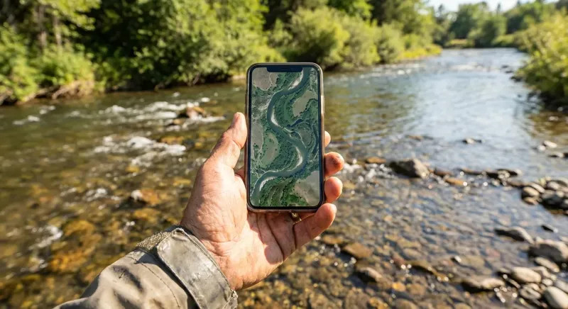 Smartphone affichant une carte rivière en vue satellite détaillée pour repérer les accès et berges