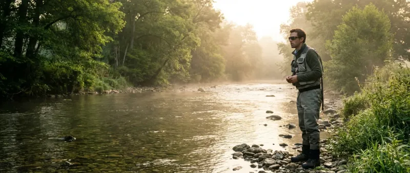 Pêcheur observant les courants de l'eau en consultant une carte riviere détaillée pour valider son repérage.