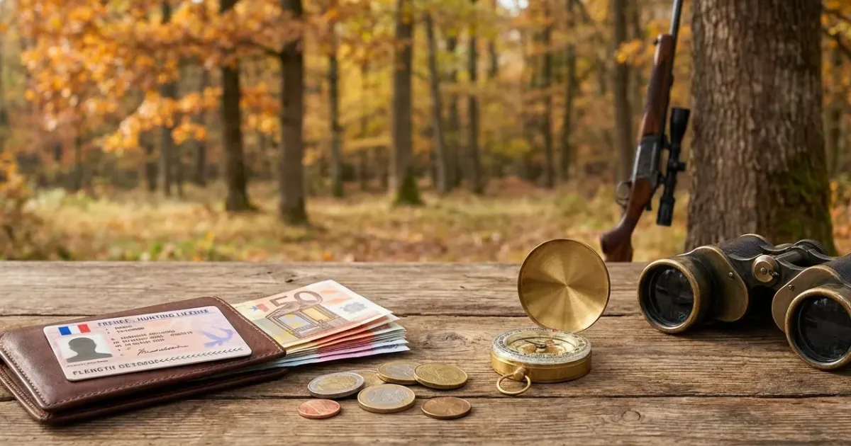 Un chasseur en tenue camouflage tenant un fusil dans une forêt automnale, illustrant le coût du permis de chasse.