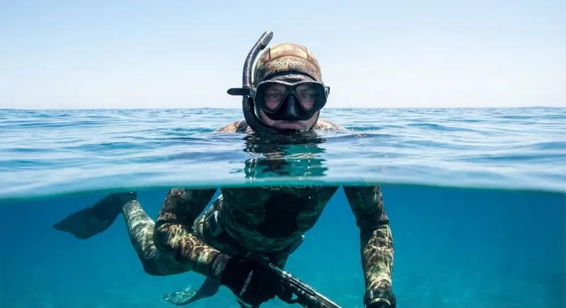 Plongeur en surface, eau à mi-masque poumons pleins, testant combien poids lestage chasse sous marine est idéal.