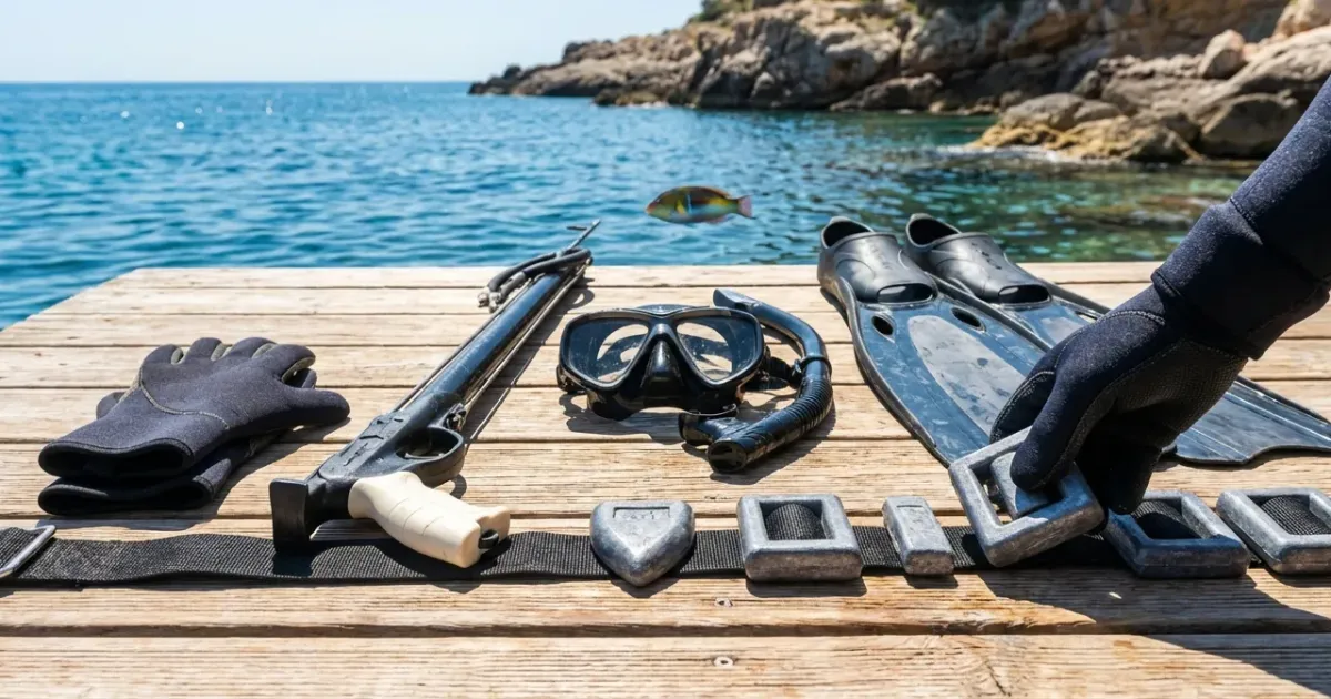 Plongeur en combinaison noire ajustant ses plombs pour évaluer combien poids lestage chasse sous marine est idéal.