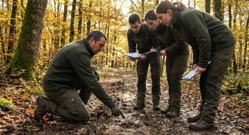 Stagiaire analysant des traces d'animaux en forêt lors de la formation pour avoir une médaille garde chasse