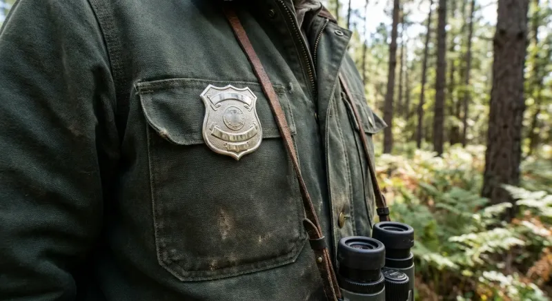 Gros plan sur l'insigne métallique d'une médaille garde chasse fixée sur un uniforme pour une identification claire.