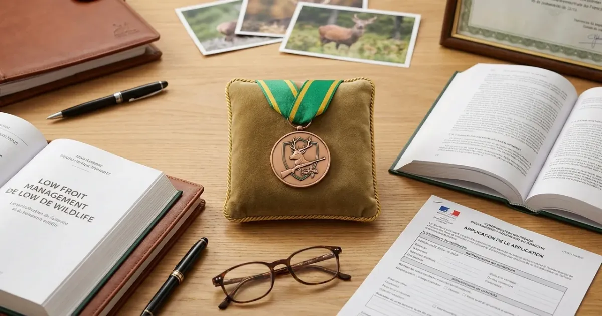 Insigne métallique officiel posé sur un uniforme, illustrant comment avoir une médaille garde chasse.