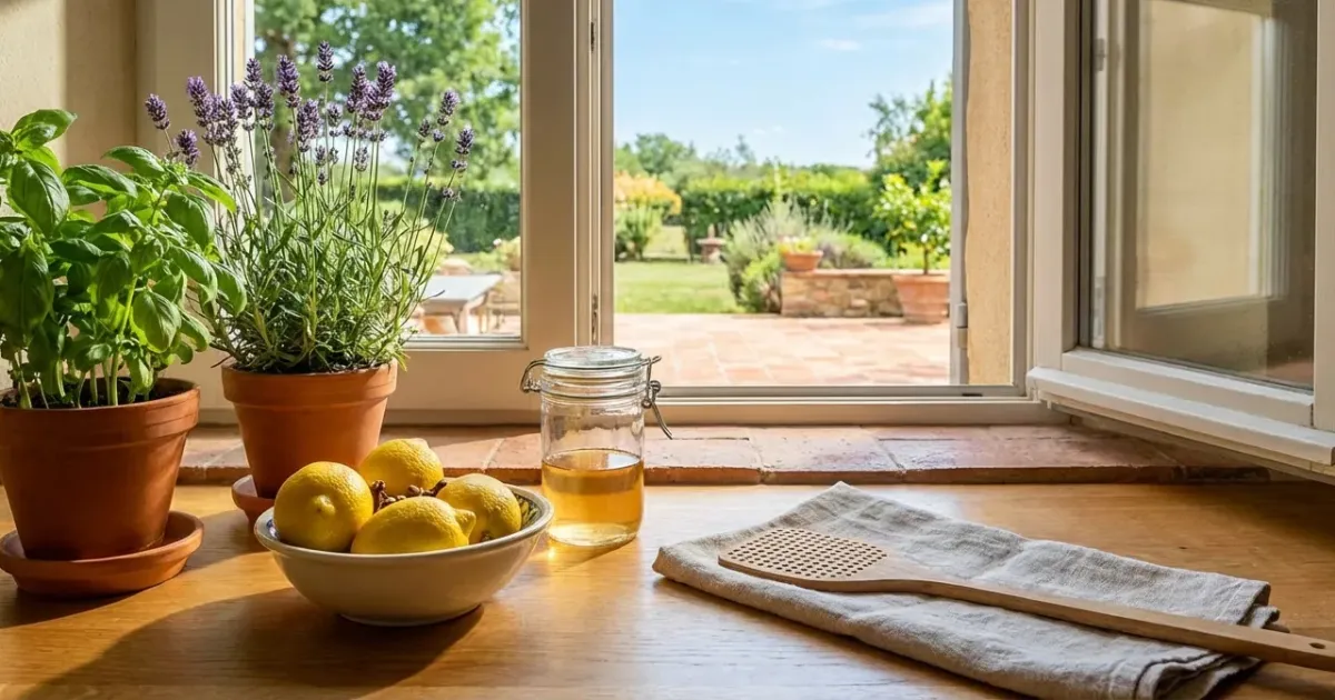 Personne utilisant une tapette à mouches pour chasser les mouches dans une cuisine, avec une fenêtre ouverte en arrière-plan.