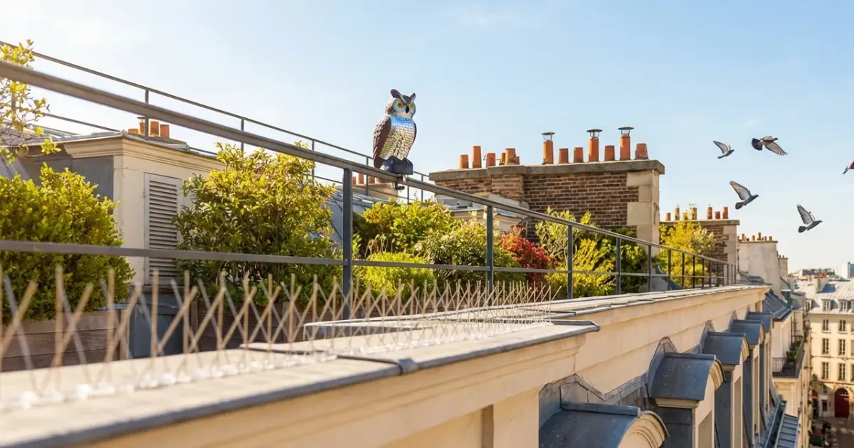 Un homme sur un balcon installe des pics anti-pigeons pour éloigner les oiseaux et protéger son espace des nuisances.