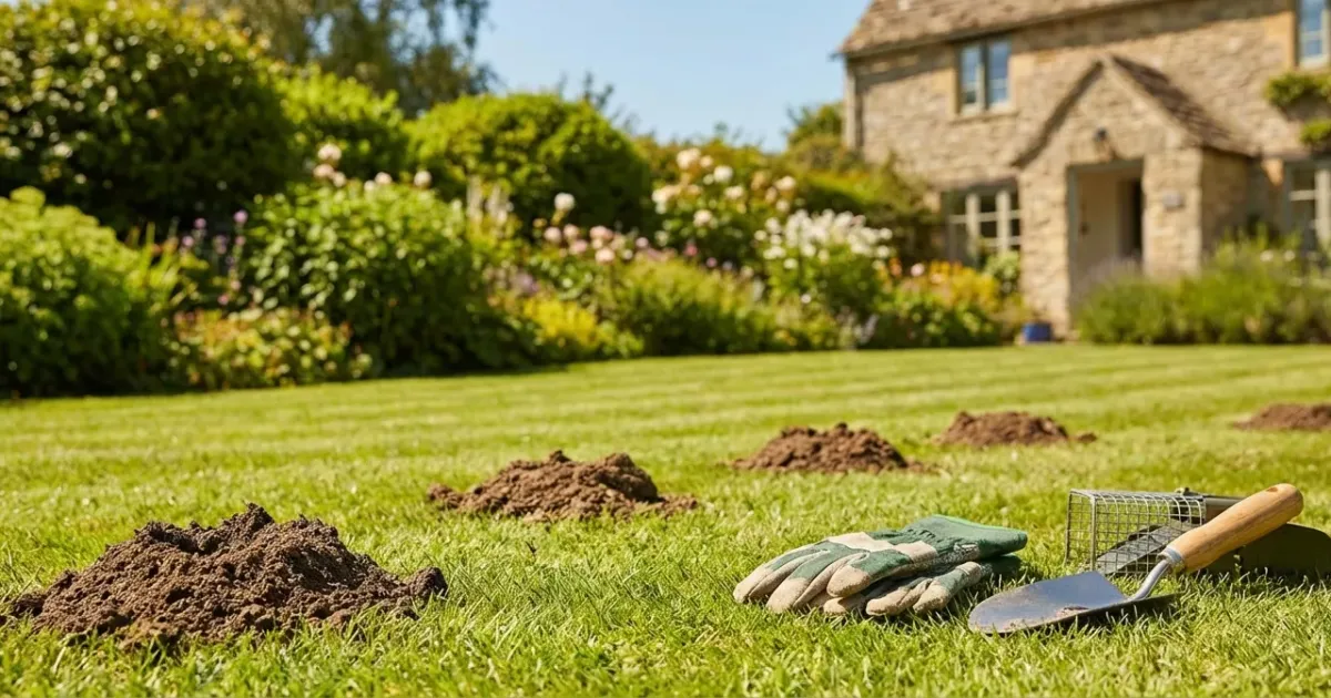 Un jardin avec une pelouse endommagée par des monticules de terre, représentant l'activité des taupes.
