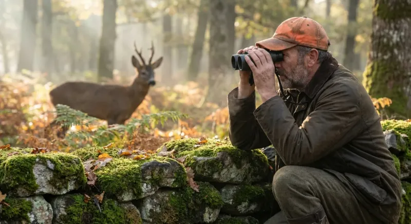 Chasseur observant attentivement des animaux sauvages aux jumelles en forêt pour évaluer la faune du territoire.