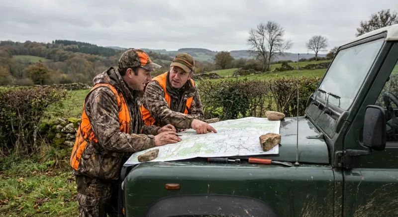 Deux chasseurs examinent une carte de leurs territoires voisins pour planifier une gestion cynégétique commune.