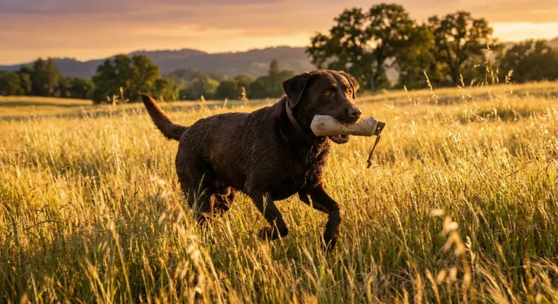 Chien de chasse tenant un apportable en gueule, illustrant comment entrainer un chien de chasse au rapport.