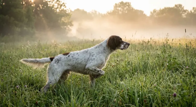 Chien figé en arrêt ferme dans les hautes herbes, illustrant comment entrainer un chien de chasse à marquer l'oiseau.