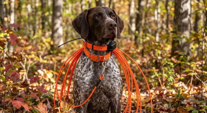 Chien de chasse équipé d'un collier GPS et d'une longe lors d'une séance d'entraînement en milieu ouvert.