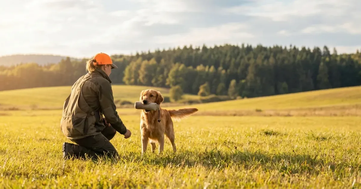 Chasseur agenouillé dans les hautes herbes guidant son braque pour entraîner un chien de chasse à l'arrêt.