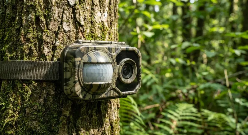 Caméra de chasse fixée sur un arbre détectant la chaleur d'un animal via son capteur PIR pour déclencher la photo.