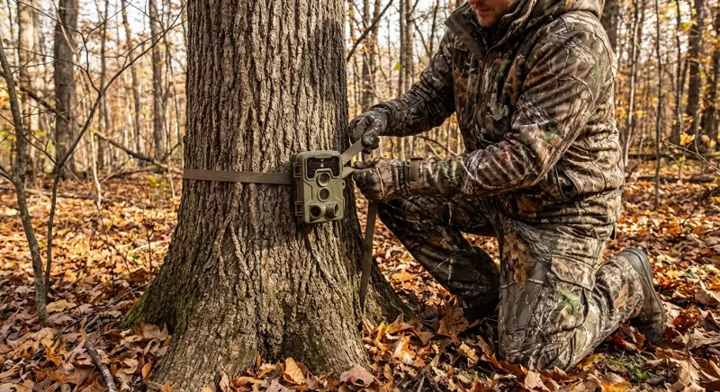 Caméra de chasse fixée sur un arbre avec une zone dégagée de végétation devant l'objectif pour une détection optimale.