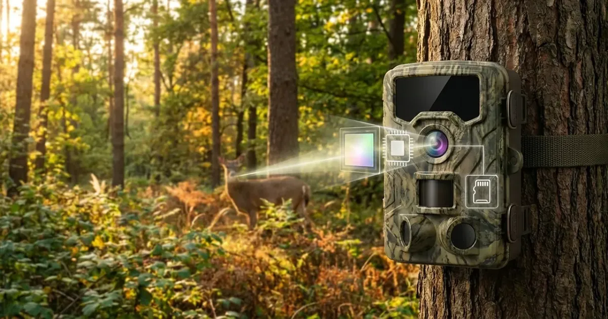 Caméra de chasse au motif camouflage fixée sur un arbre, révélant ses capteurs infrarouges et son objectif