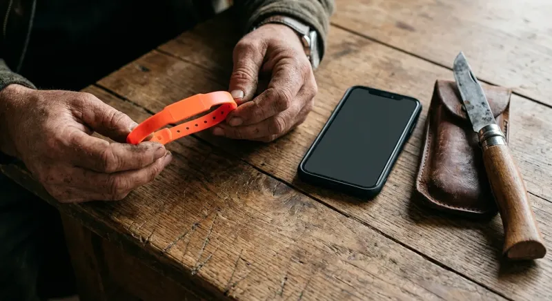 Chasseur validant sur smartphone le bracelet apposé au gibier, montrant comment obtenir des bracelets de chasse en ligne.