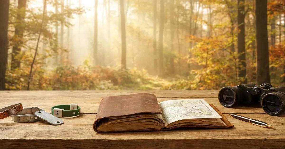 Gros plan d'un document expliquant comment obtenir des bracelets de chasse, posé à côté d'un anneau de marquage rouge.