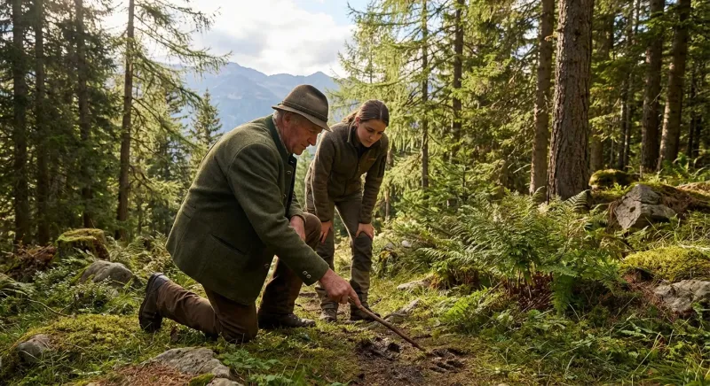 Candidat au permis de chasse suisse en tenue camouflée observant la faune aux jumelles avec son guide en forêt.