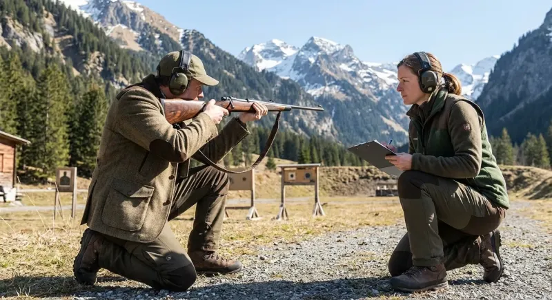 Candidat concentré avec casque épaulant sa carabine pour l'examen du permis de chasse suisse devant les examinateurs.