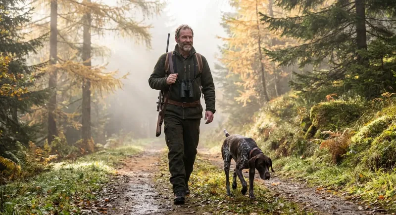 Chasseur agenouillé entraînant son chien d'arrêt en forêt, un devoir lié au permis de chasse suisse.