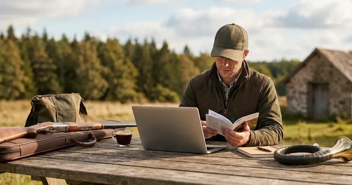 Un candidat au permis de chasse en tenue camouflage vise avec un fusil dans un champ, encadré par un instructeur.