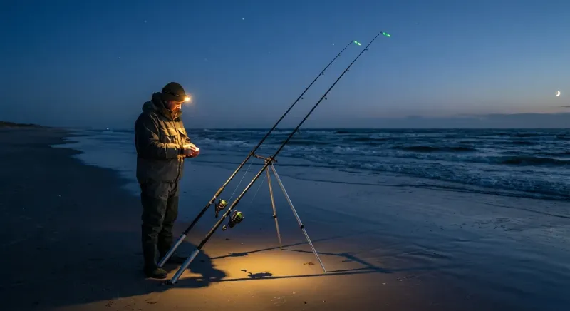 Un pêcheur lance sa ligne de nuit sur une plage en pente douce, illustrant comment pêcher la sole au bord.