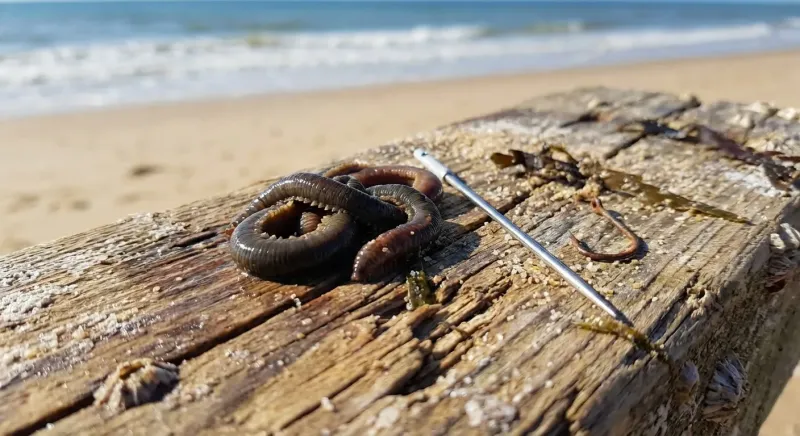 Gros plan d'un ver arénicole sur un hameçon, l'appât roi illustrant comment pêcher la sole, ce poisson plat exigeant.