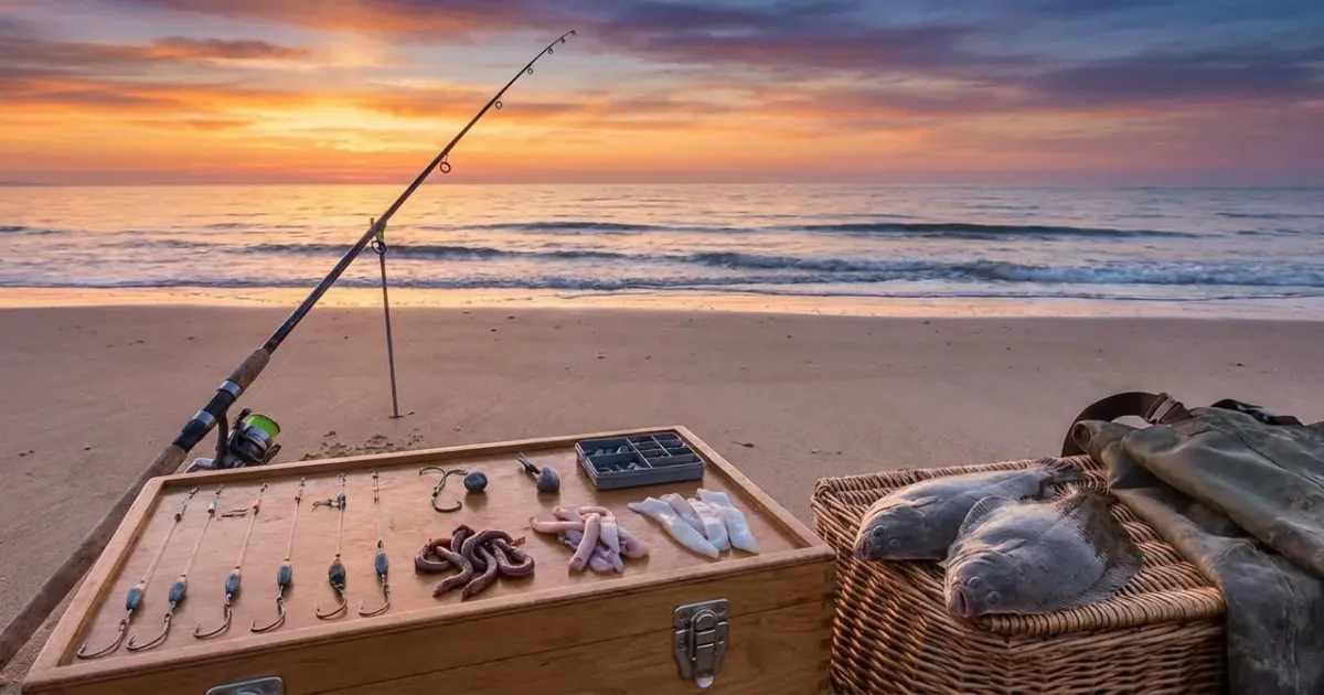 Gros plan sur un montage avec appât et une sole sur le sable illustrant comment peche la sol è en 2026.