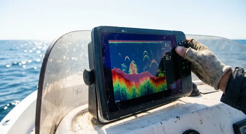 Écran de sondeur affichant les fonds marins et poissons, illustrant comment pêcher en mer en bateau.