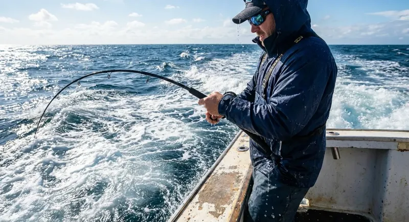 Pêcheur debout animant sa canne fortement courbée en plein combat, montrant comment pecher en mer en bateau.