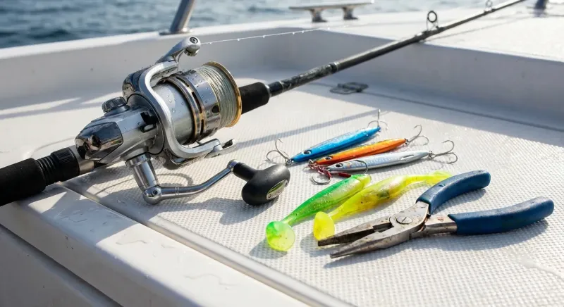 Canne robuste anti-sel et leurres variés sur le pont face aux vagues, montrant comment pêcher en mer en bateau.