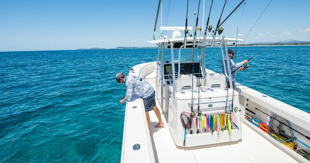Un pêcheur équipé tient fermement sa canne sur le pont, prêt à pêcher en mer en bateau face aux vagues de l'océan.