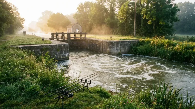 Lignes de pêche tendues vers les remous d'une écluse, spot oxygéné attirant naturellement les carpes.