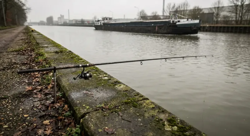Cannes installées sur un quai bétonné pour pêcher la carpe en canal grand gabarit le long de la bordure