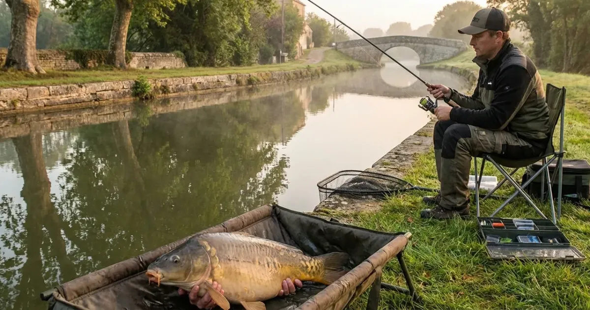 Pêcheur tenant une carpe miroir au bord d'une berge bétonnée, illustrant la technique pour pêcher la carpe en canal.