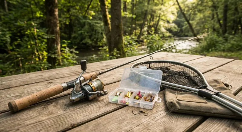 Matériel de pêche à la truite en plein air : canne, moulinet, appâts colorés, boîte à pêche sur l'herbe près d'un ruisseau.