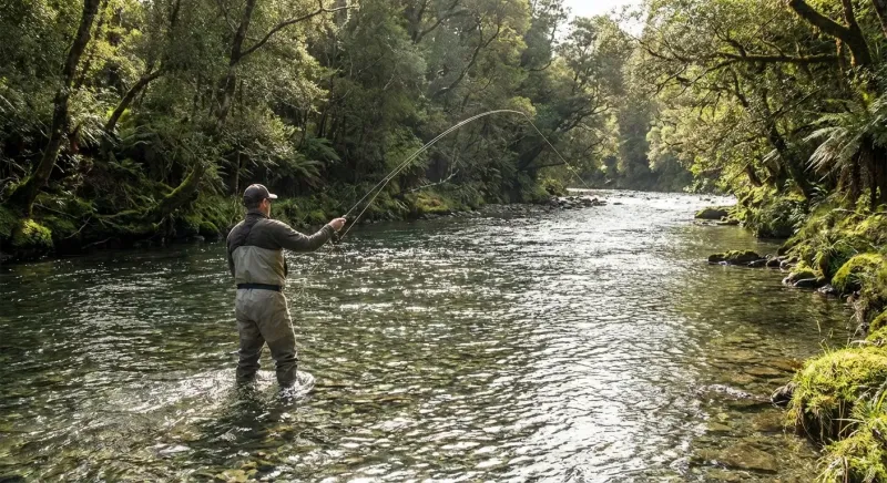 Pêcheur en action lançant sa ligne dans une rivière calme, entouré de nature, illustrant comment pêcher la truite.