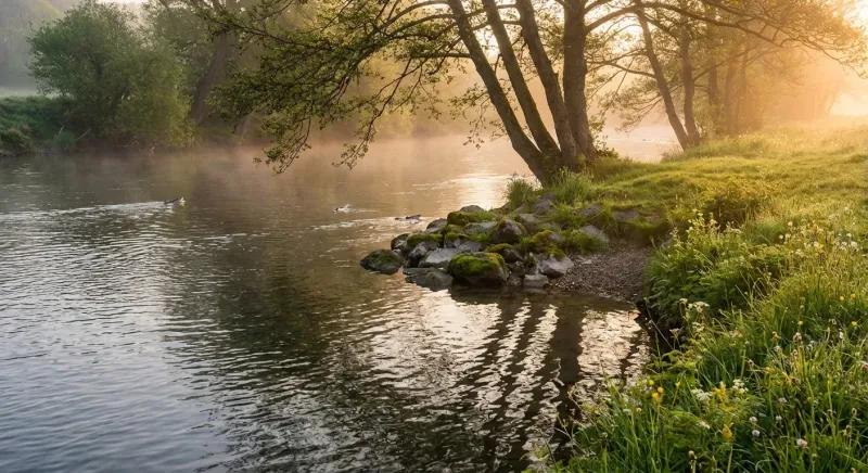 Lever de soleil sur une rivière calme, idéale pour pêcher la truite, entourée de verdure et de montagnes.