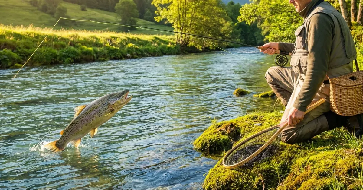 Pêcheur en rivière, tenant une canne à pêche, attrape une truite vivante, illustrant la technique de pêche à la truite.