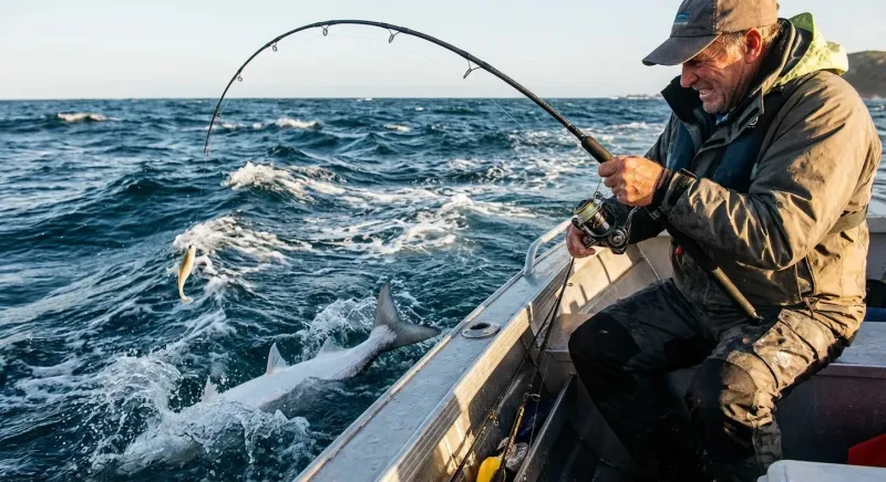 Pêcheur concentré animant sa canne en traction dans les passes : comment pecher le megre bassin arcachon tutoriel.