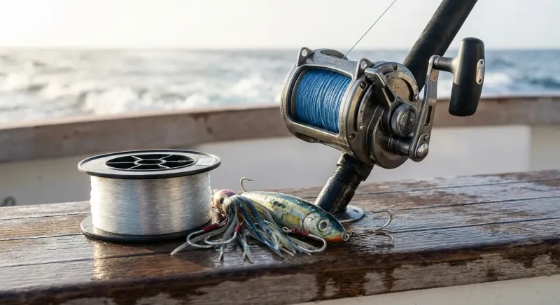 Pêcheur bridant un gros poisson avec une canne robuste pliée. Tutoriel : comment pêcher le maigre au bassin d'Arcachon.