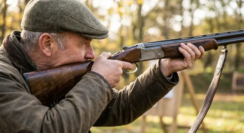 Tireur alignant naturellement l'œil et le canon de son fusil de chasse grâce à un ajustement de crosse précis