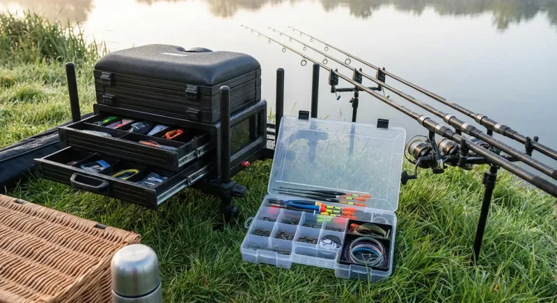 Station de pêche parfaitement organisée avec cannes et casiers, montrant comment preparer un concours de peche.