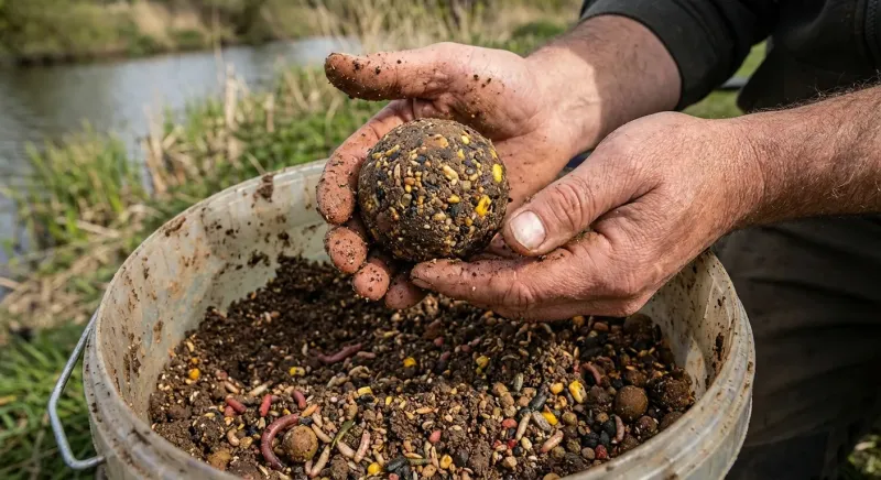 Mains de pêcheur tamisant une amorce dans un seau, illustrant comment preparer un concours de peche pour attirer le poisson.