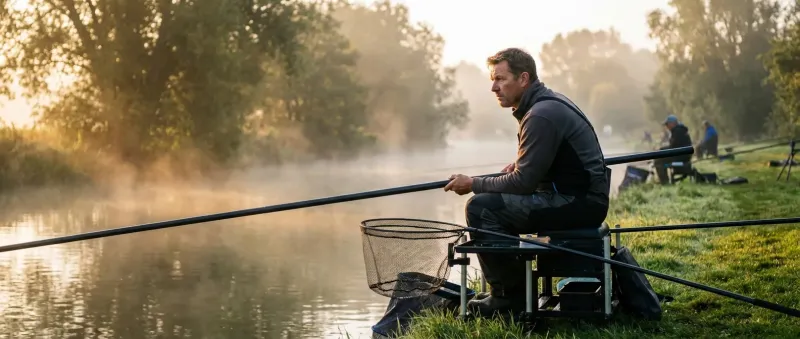 Pêcheur concentré sur son siège ergonomique au bord de l'eau, montrant comment préparer un concours de pêche le jour J.